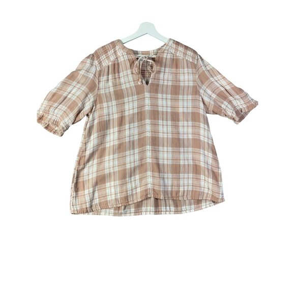 SUNDANCE Elsie Gauze Top SZ‎ L Smocked Plaid Dust Rose Western Peasant Cottage - Picture 1 of 6